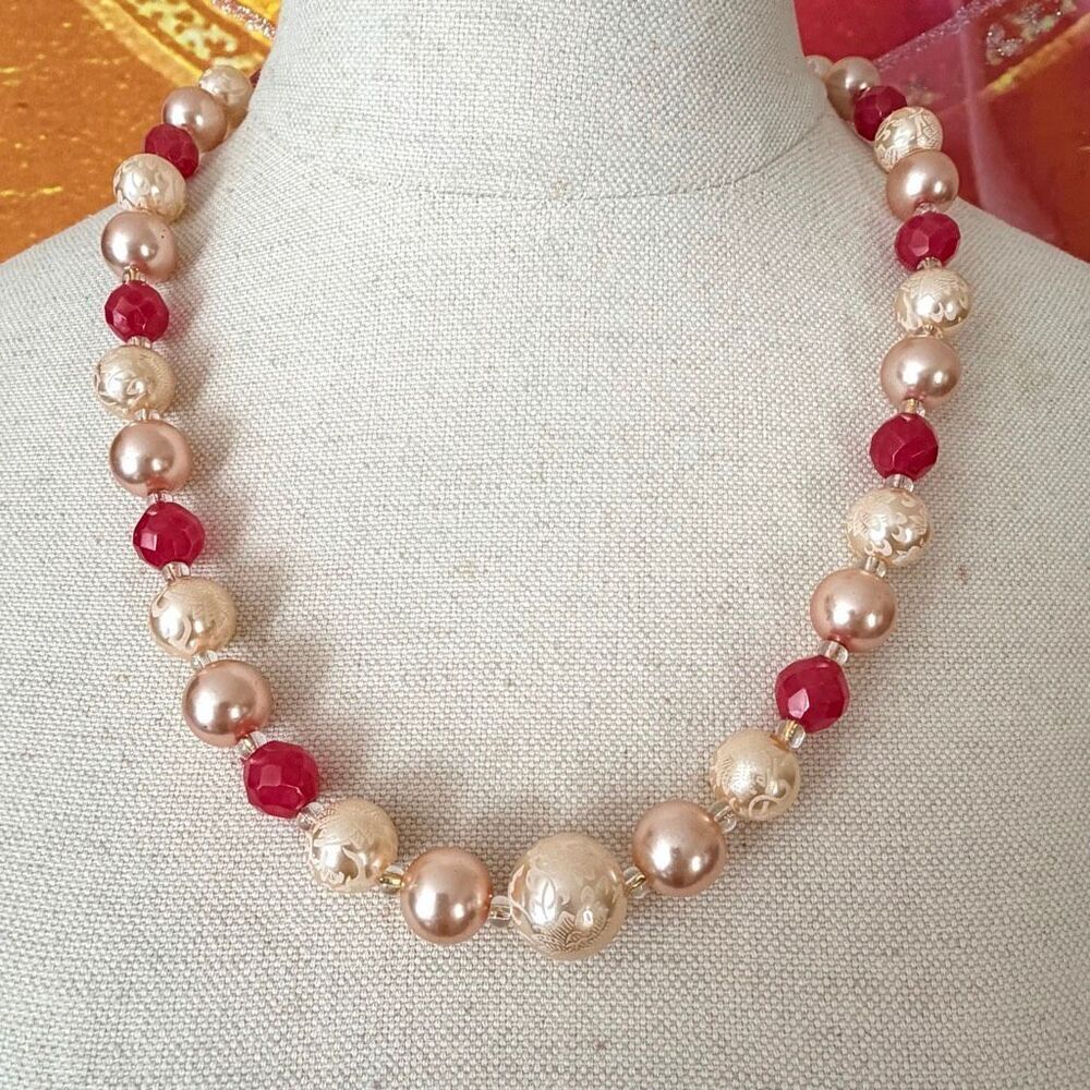 Joan Rivers Signed Etched Faux Pearl & Ruby Red Beaded Necklace
